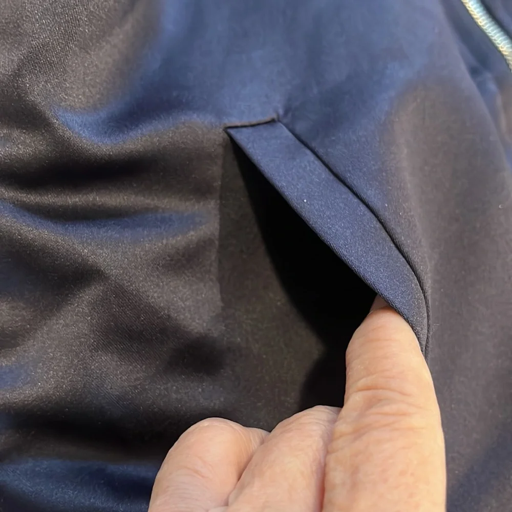 ESCALIER SATIN BOMBER JACKET WITH BIRD DETAIL NAVY BLUE WHITE SIZE SMALL